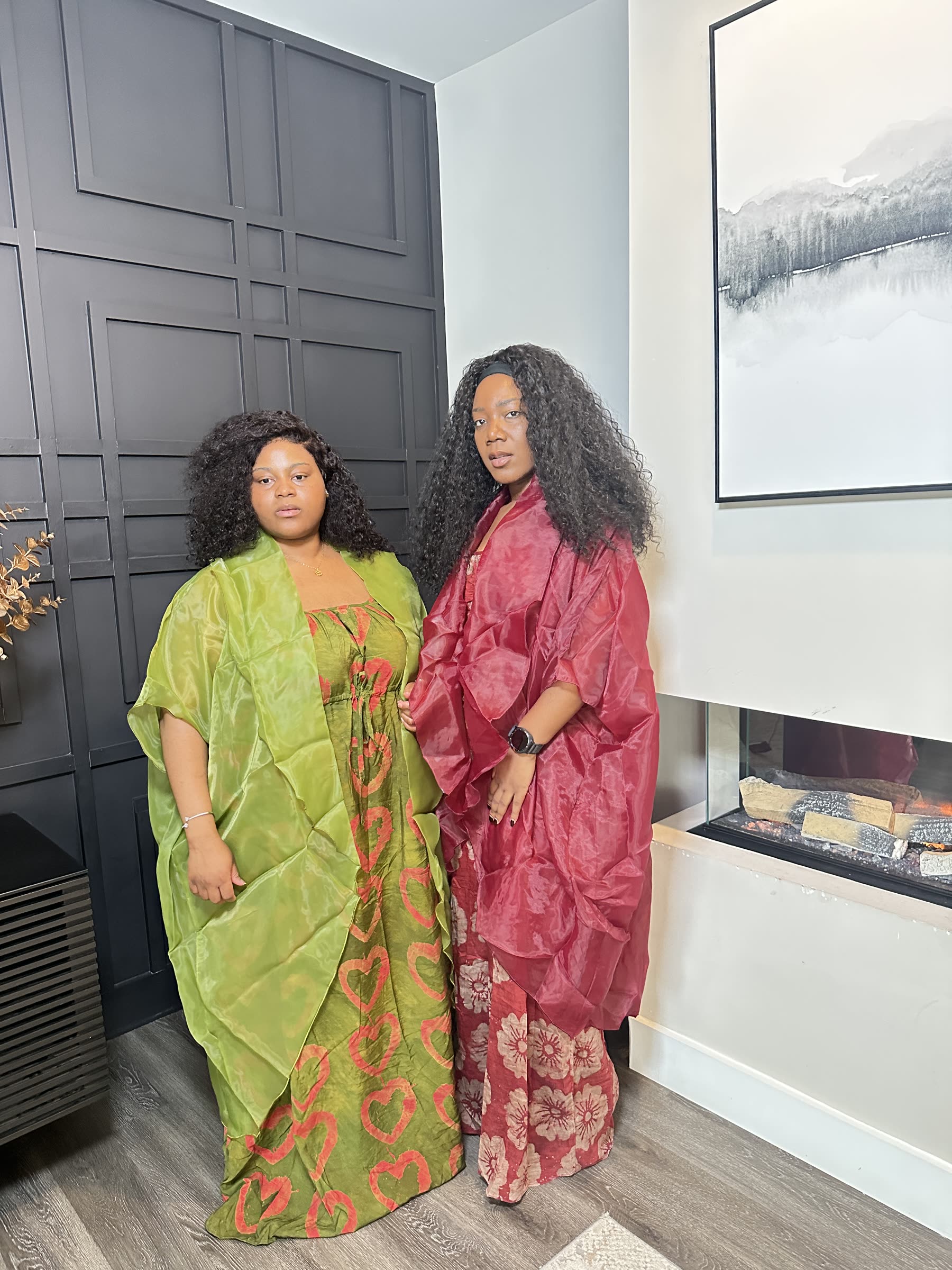 Two Labelle Emy looks: a chartreuse kaftan and an oxblood organza set